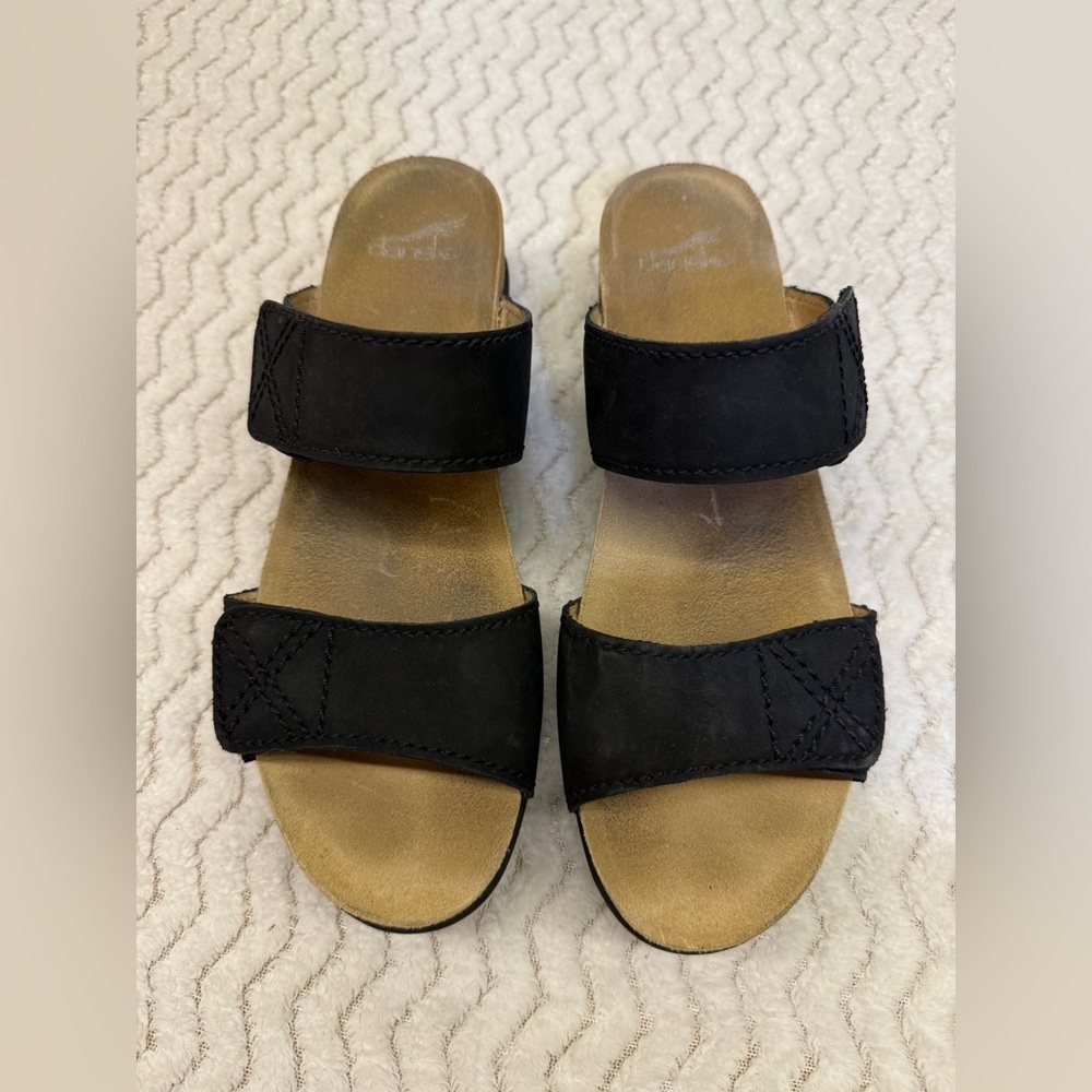 Dansko Maddy Black Leather Adj. Hook & Loop Closure Slide Comfort Sandals Sz 41